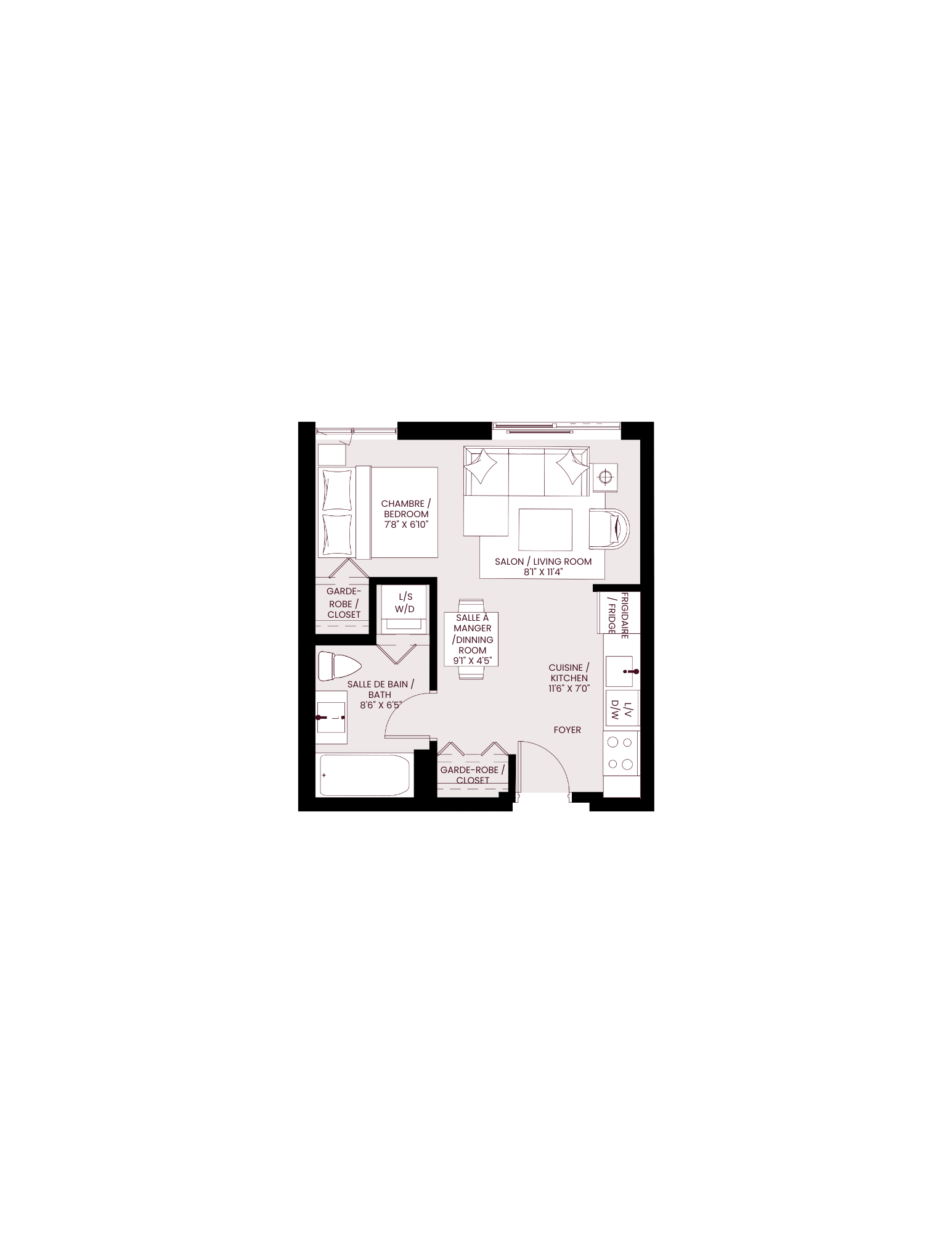 Floor plan for studio, 1 bath, 414 sqft